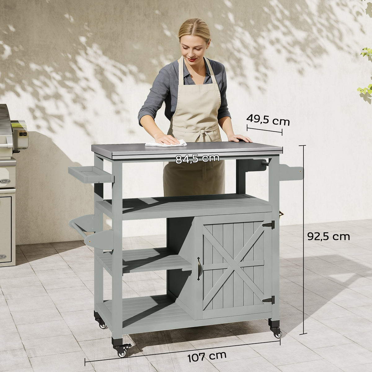 Desserte jardin chariot de barbecue sur roulettes avec plateau en acier inoxydable 107x49,5x92,5cm gris-2
