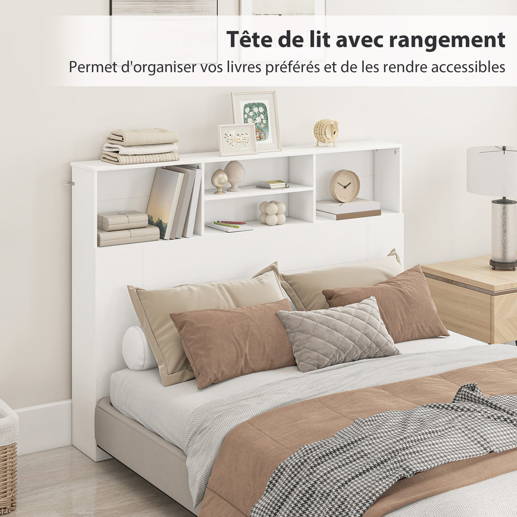 Tête de lit sur pied avec rangements, accessoire de lit 4 compartiments ouverts, 140 x 19 x 103,5 cm, blanc-3