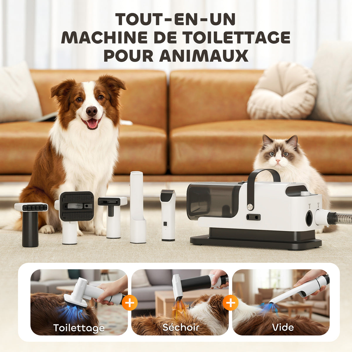 Aspirateur poil de chien et séchoir 5-en-1 kit toilettage chien professionnel 12kPa  50dB 37,6x17,5x18,5cm blanc-3
