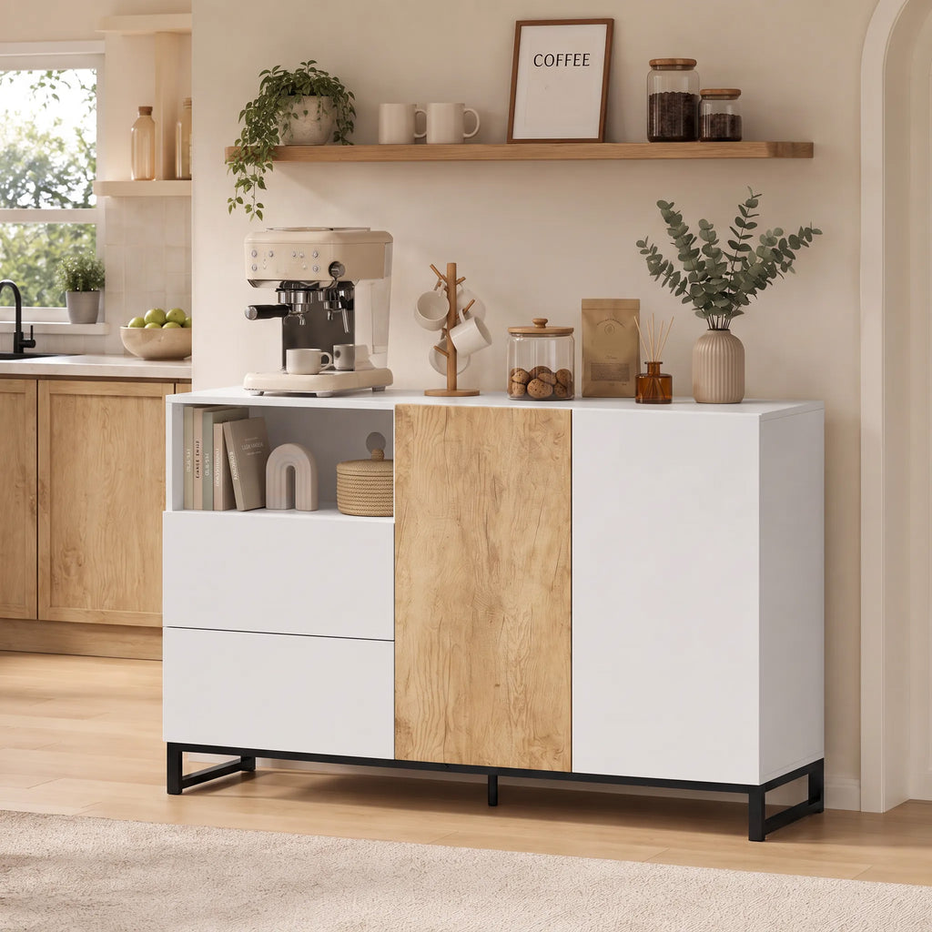 Buffet salon, meuble de rangement avec 2 portes à fermeture douce, 2 tiroirs et étagère réglable, blanc et chêne-9
