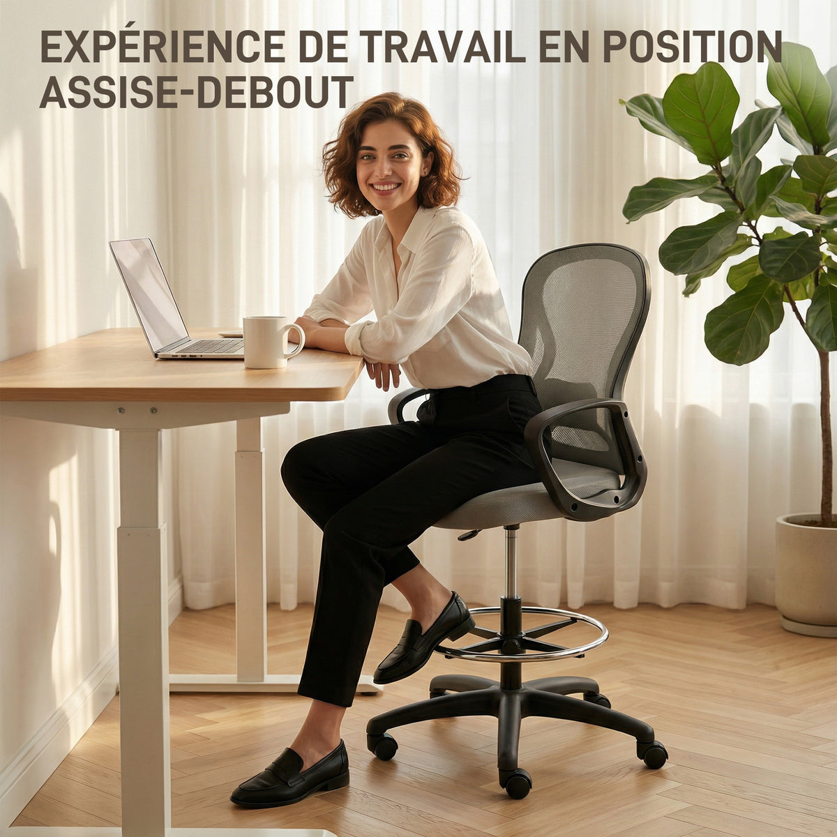 Chaise bureau ergonomique, fauteuil de bureau avec repose-pieds et accoudoirs, en maille, 59 x 65 x 123 cm, Gris-4