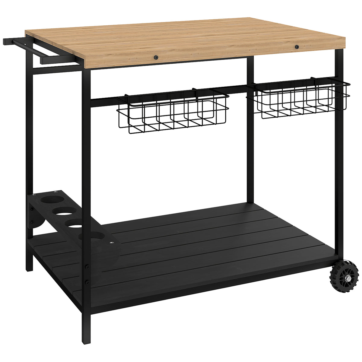 Desserte de jardin chariot pour plancha barbecue en bois et métal avec poignée 2 plateaux 2 paniers et porte-bouteilles-0