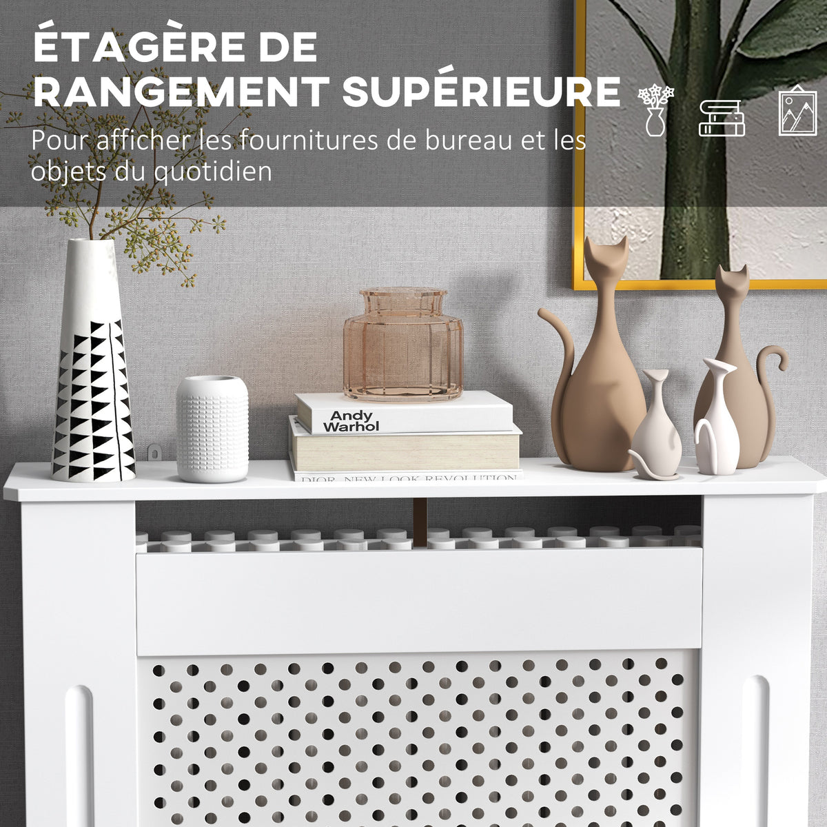 Cache-radiateur, couvercle de radiateur, couverture radiateur, grille ronde, 78L x 19l x 82H cm en bois blanc-4