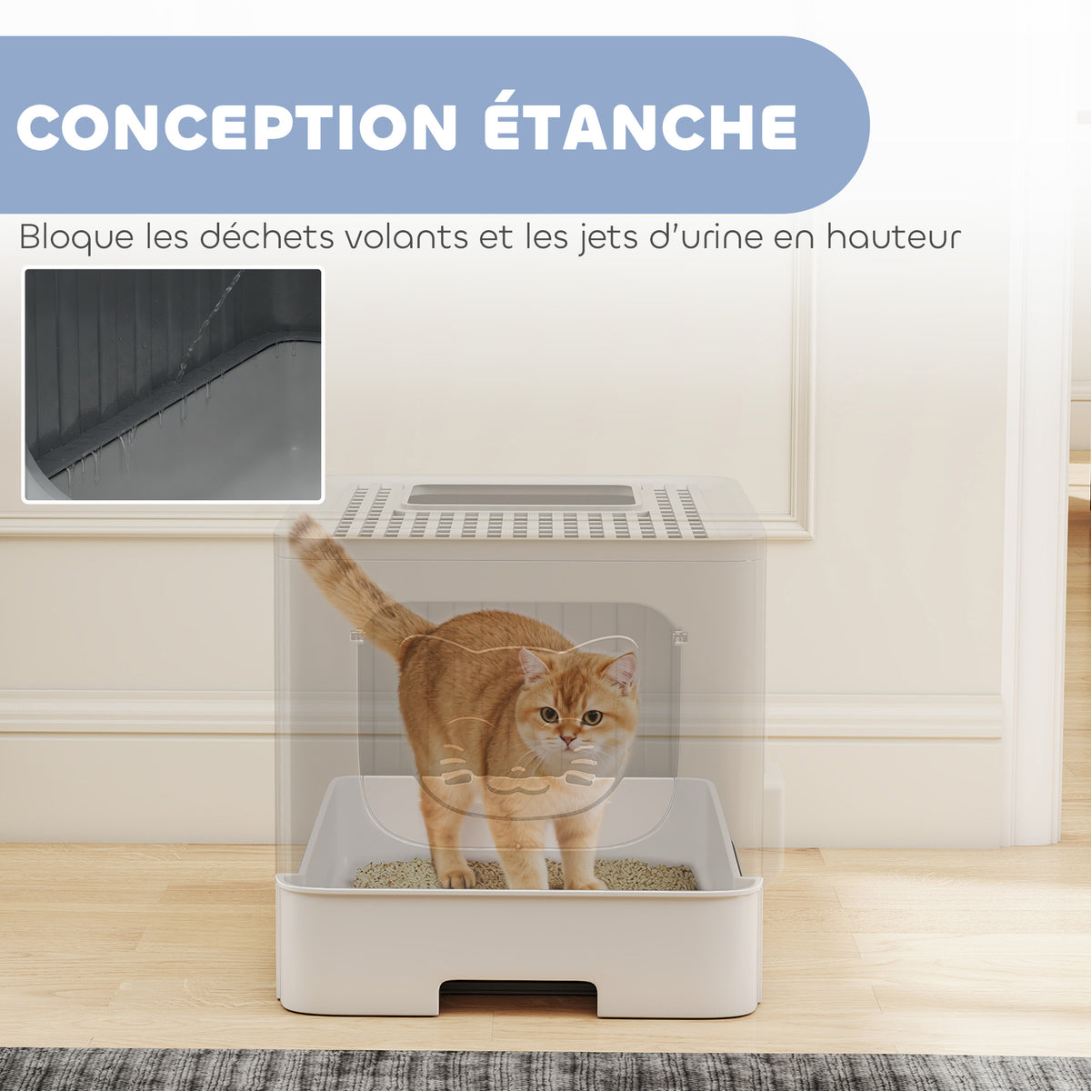 Maison de Toilette pour Chat, Tiroir Coulissant, Couvercle, 2 Portes Réglables, Pelle, Détachable, 48x38x38,5cm, Gris-5