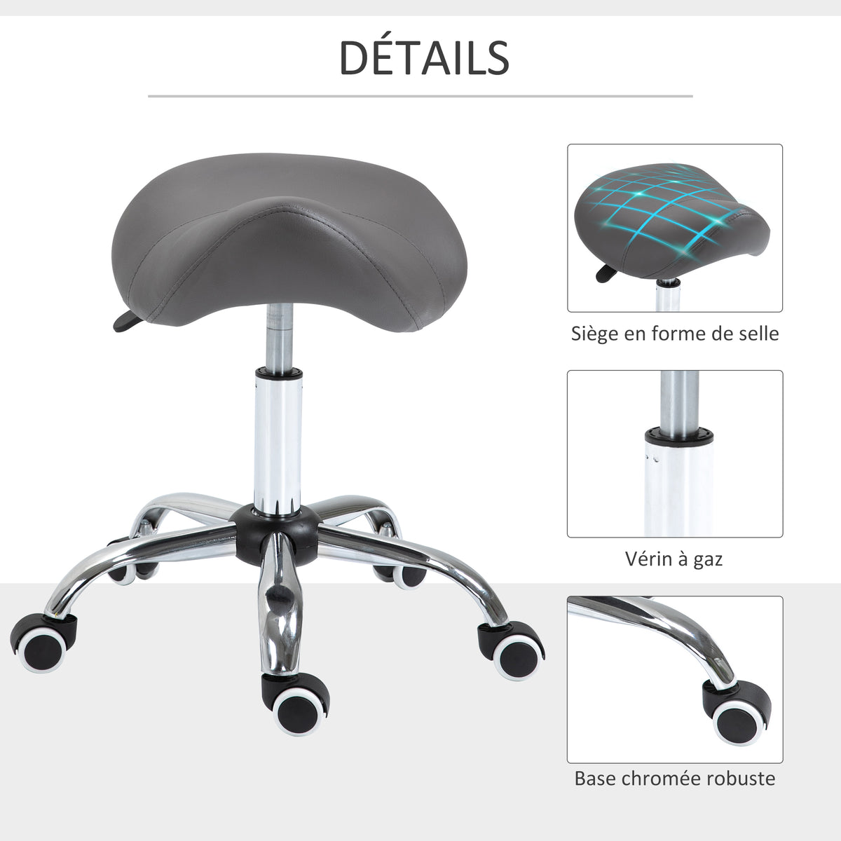 Tabouret à roulettes, tabouret de massage avec hauteur réglable 49-61 cm et selle ergonomique, chaise de travail à roulettes pivotant 360°, pour salon de massage tatouage clinique spa, gris-5