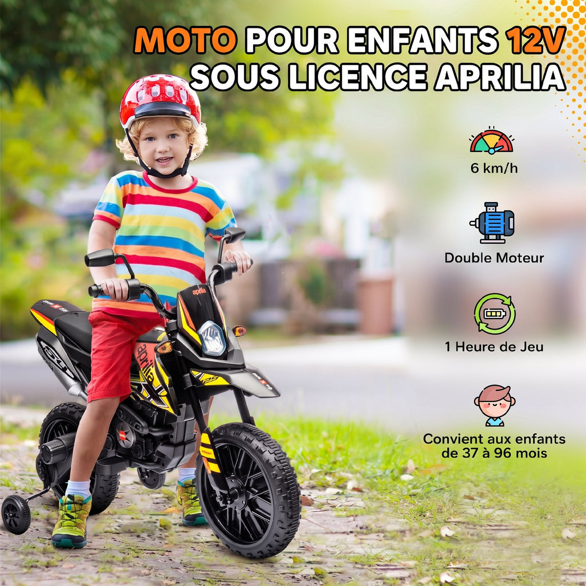 Moto électrique enfants sous licence Aprilia avec 2 moteurs 12V, roues d'entraînement, lumière LED, musique - jaune-3