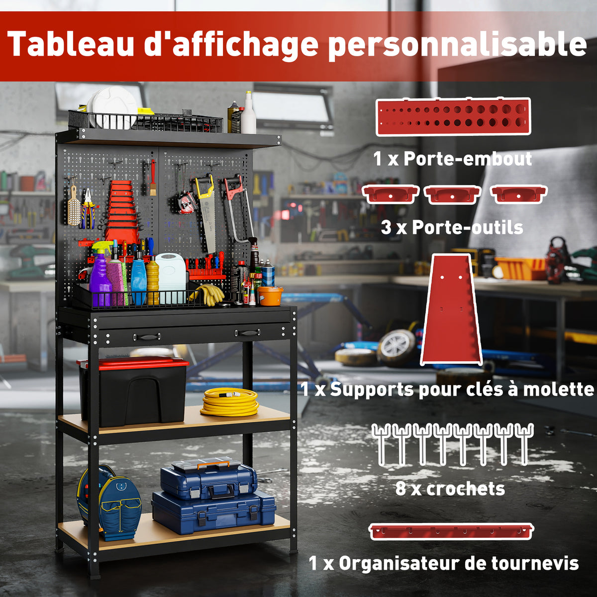 Établi d'atelier, plan de travail avec panneau perforé, 14 kits de suspension, 2 étagères et tiroir, 80x40,5x155cm, noir-4