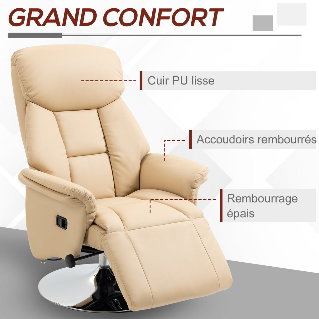 Fauteuil inclinable pivotant repose-pied réglable accoudoirs piètement acier chromé revêtement synthétique PU beige-5