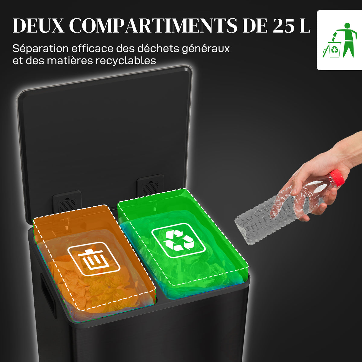 Poubelle de cuisine 2 compartiments de 2 x 25L, acier inoxydable, couvercle à fermeture douce, 47,7x37,5x56cm, noir-3