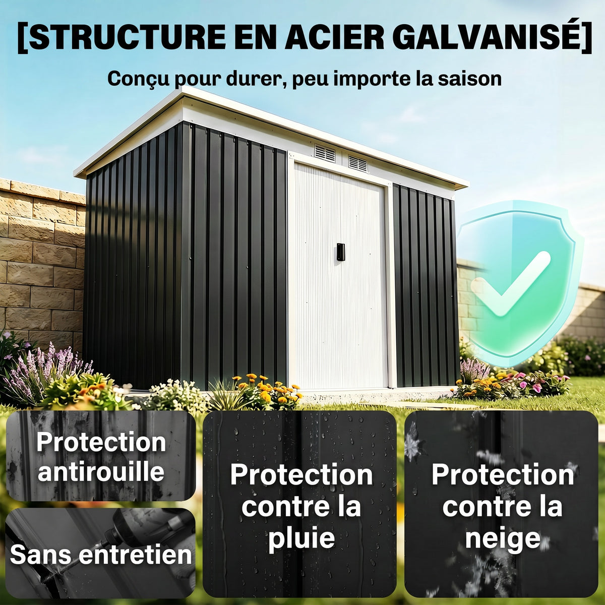 Abri de jardin en acier galvanisé XXL 3,6 m² avec kit de fondation 280 x 130 x 172 cm, cabane de jardin cabanon rangement outils avec portes coulissantes verrouillables aérations, noir-3