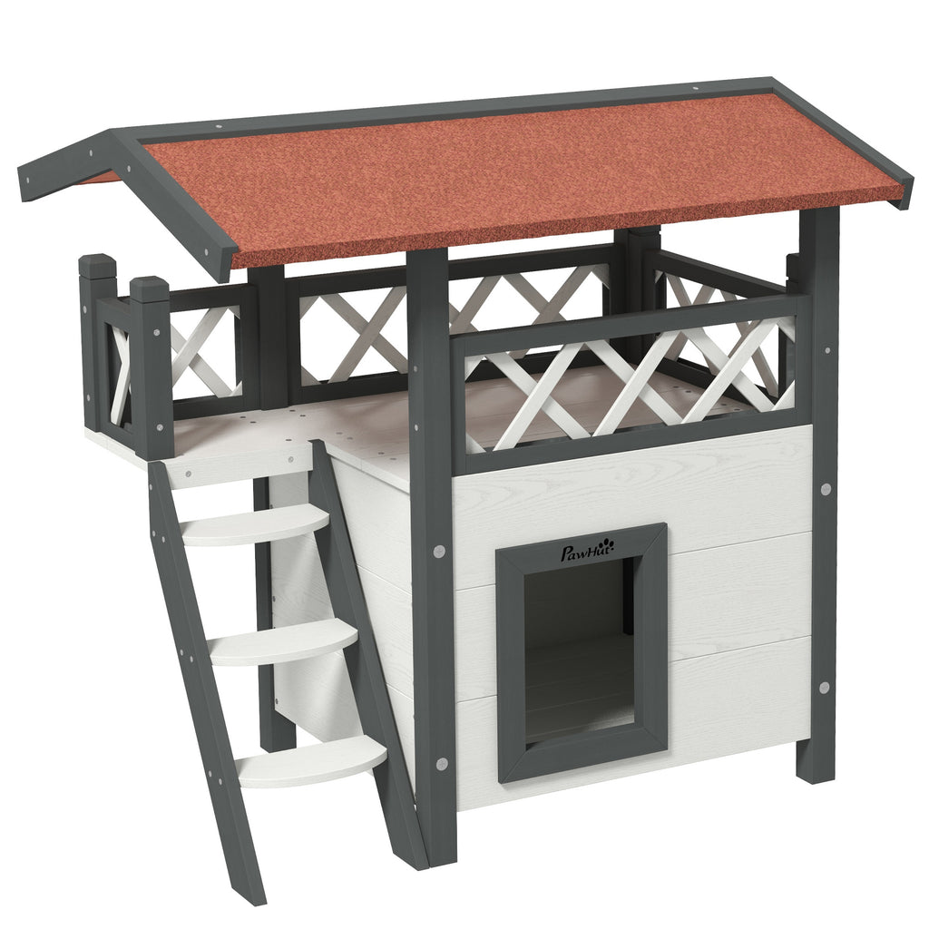 Cabane Chat Extérieur avec Terrasse, Escalier, Toit, Niche Villa, 77 x 50 x 73 cm Blanc et Rouge-0
