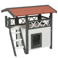 Cabane Chat Extérieur avec Terrasse, Escalier, Toit, Niche Villa, 77 x 50 x 73 cm Blanc et Rouge-0