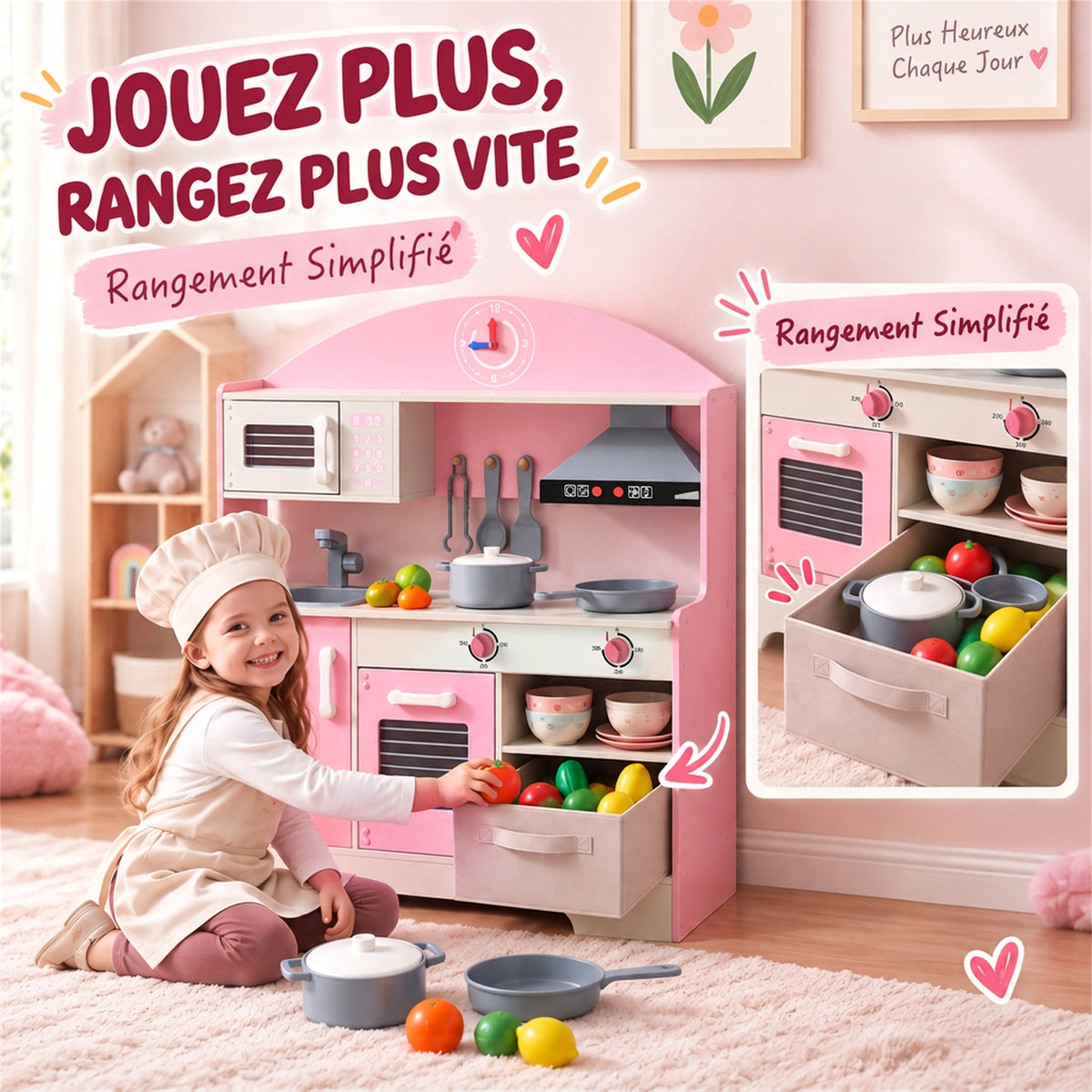 Cuisine Enfant avec Lumières et Sons, Cuisine de Jeu avec Tiroir en Tissu et 5 Accessoires, pour Enfants 3-6 Ans, Rose-6