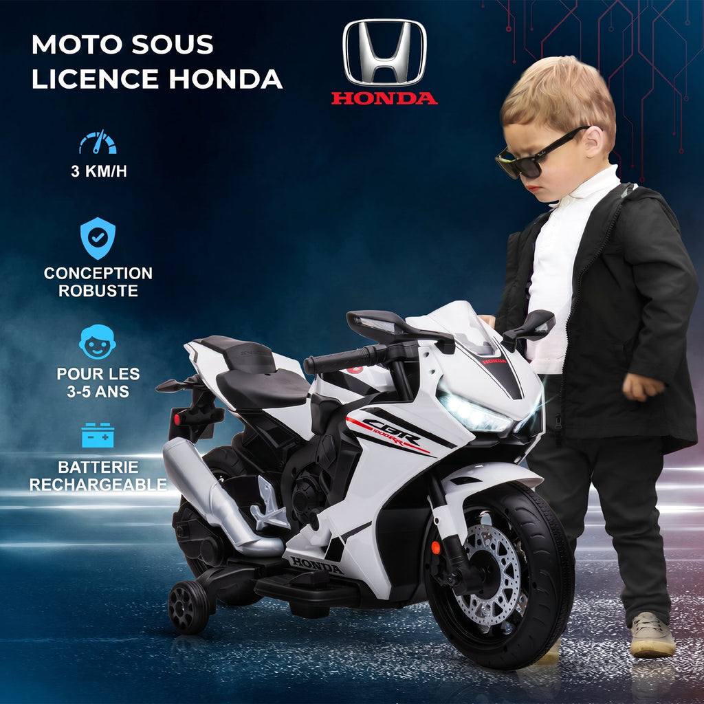Moto Électrique Enfants sous Licence HONDA 6 V, 3 Km/h, Musique & Lumière, 2 Roues d'Entraînement, Blanc-5