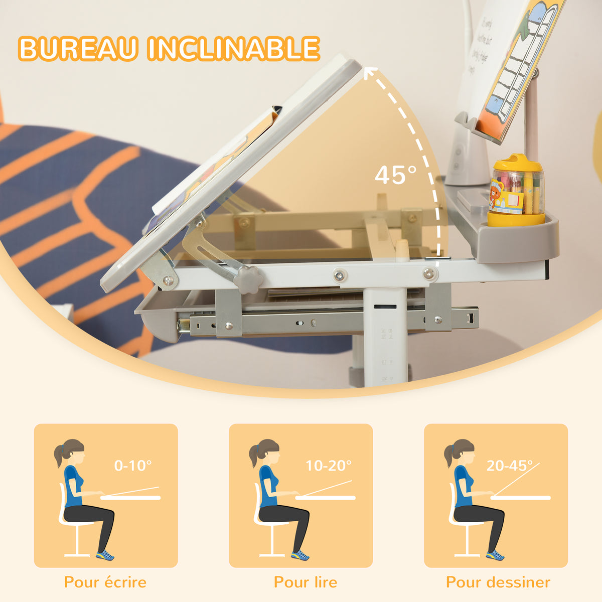 Ensemble chaise et bureau pour enfants avec lampe LED hauteur réglable plateau incliné support de lecture gris-6