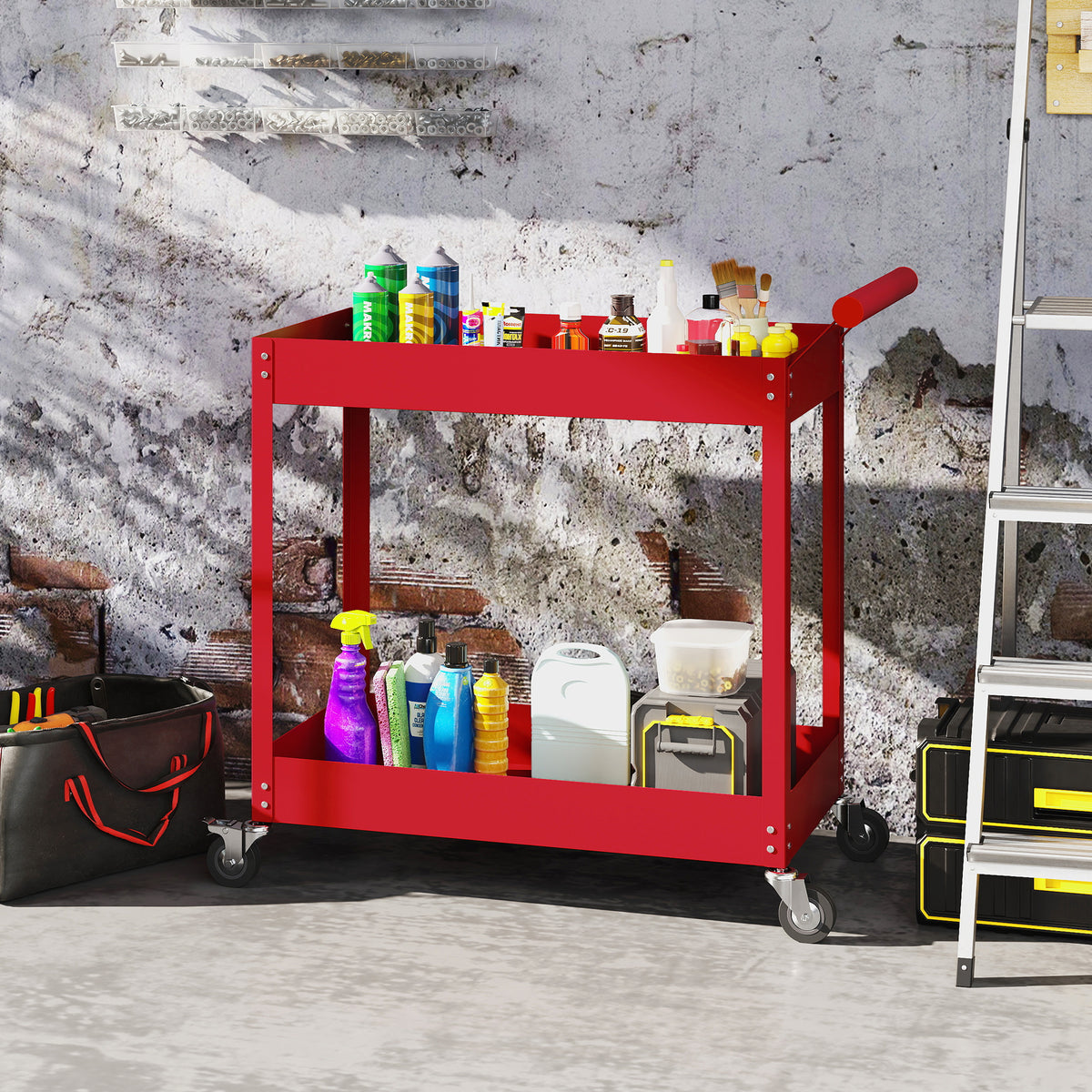 Chariot d'atelier servante atelier à 2 niveaux, poignée latérale et roulettes verrouillables, 84,5x38x84cm, rouge-9