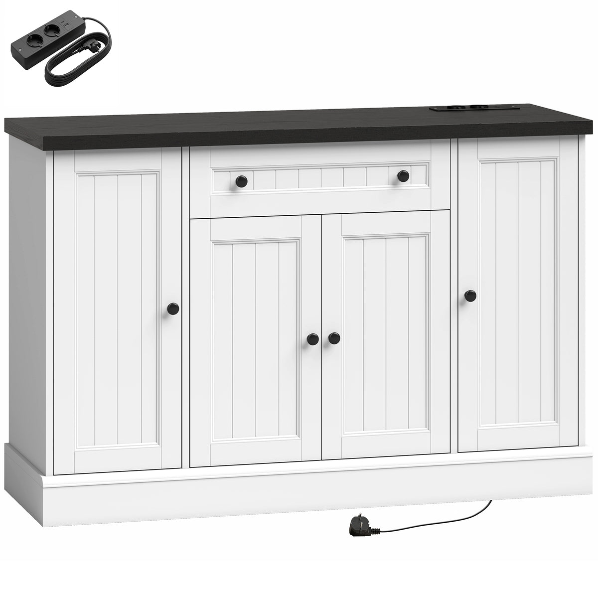Buffet Salon avec Station de Charge, Meuble de Rangement avec 4 Portes, Tiroir, Étagères Réglables, Blanc et Noir-0