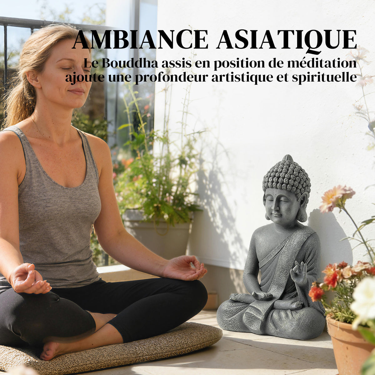 Statue de Jardin, Sculpture de Bouddha Assis en Oxyde de Magnésium, Décoration Spirituelle 32 x 23 x 51 cm, Gris Foncé-3