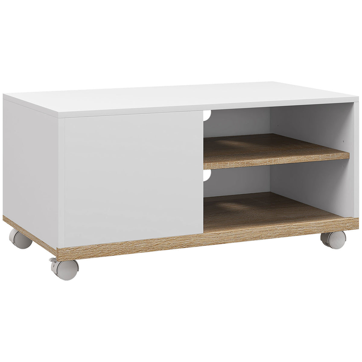 Meuble TV sur roulettes avec 2 Freins - 2 niches + Placard Porte 2 Passe-Fil - en bois Blanc chêne Clair-0