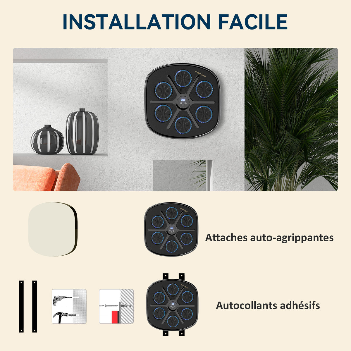 Machine de boxe musicale boxe mural musique avec 9 vitesses et modes Bluetooth gants de boxe 41,8 x 44,6 x 7,5 cm noir-5