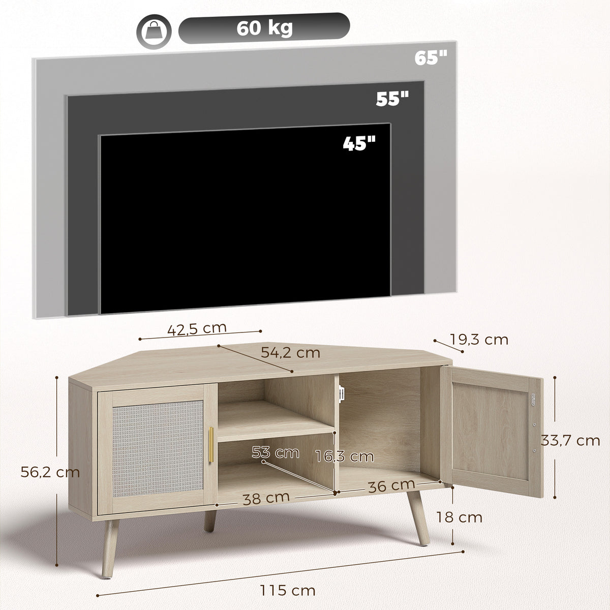 Meuble TV d'Angle 115 cm, Meuble Télé pour Téléviseur jusqu'à 65 Pouces, 2 Portes en Rotin  2 Compartiments, Chêne-2