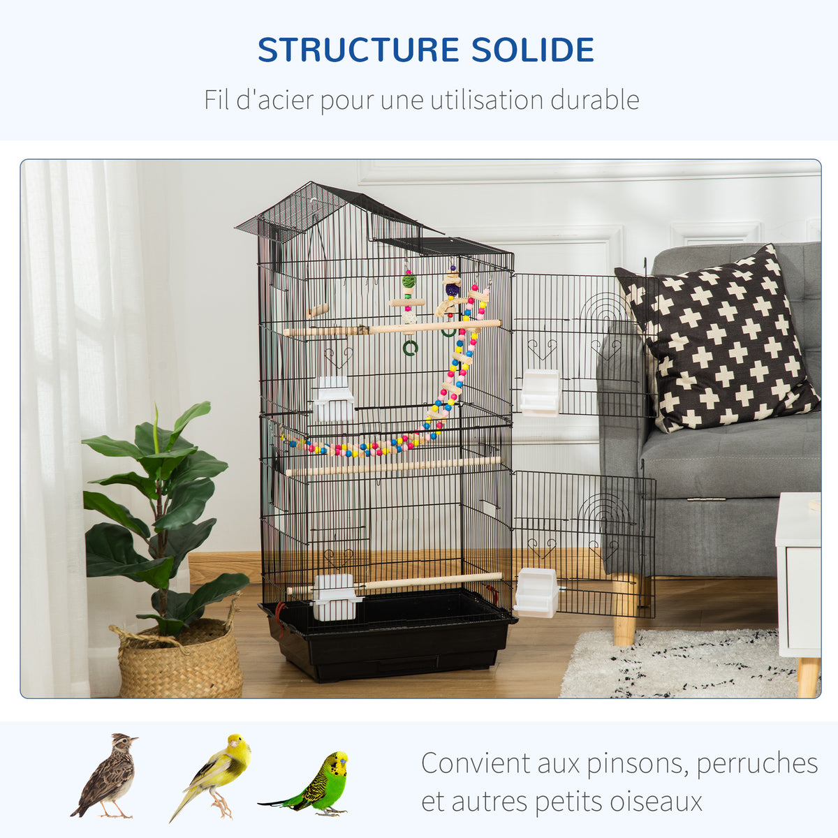 Cage à oiseaux 46 x 36 x 100 cm 4 mangeoires 3 perchoirs cage pour perruche calopsitte conure pinson canaris-5