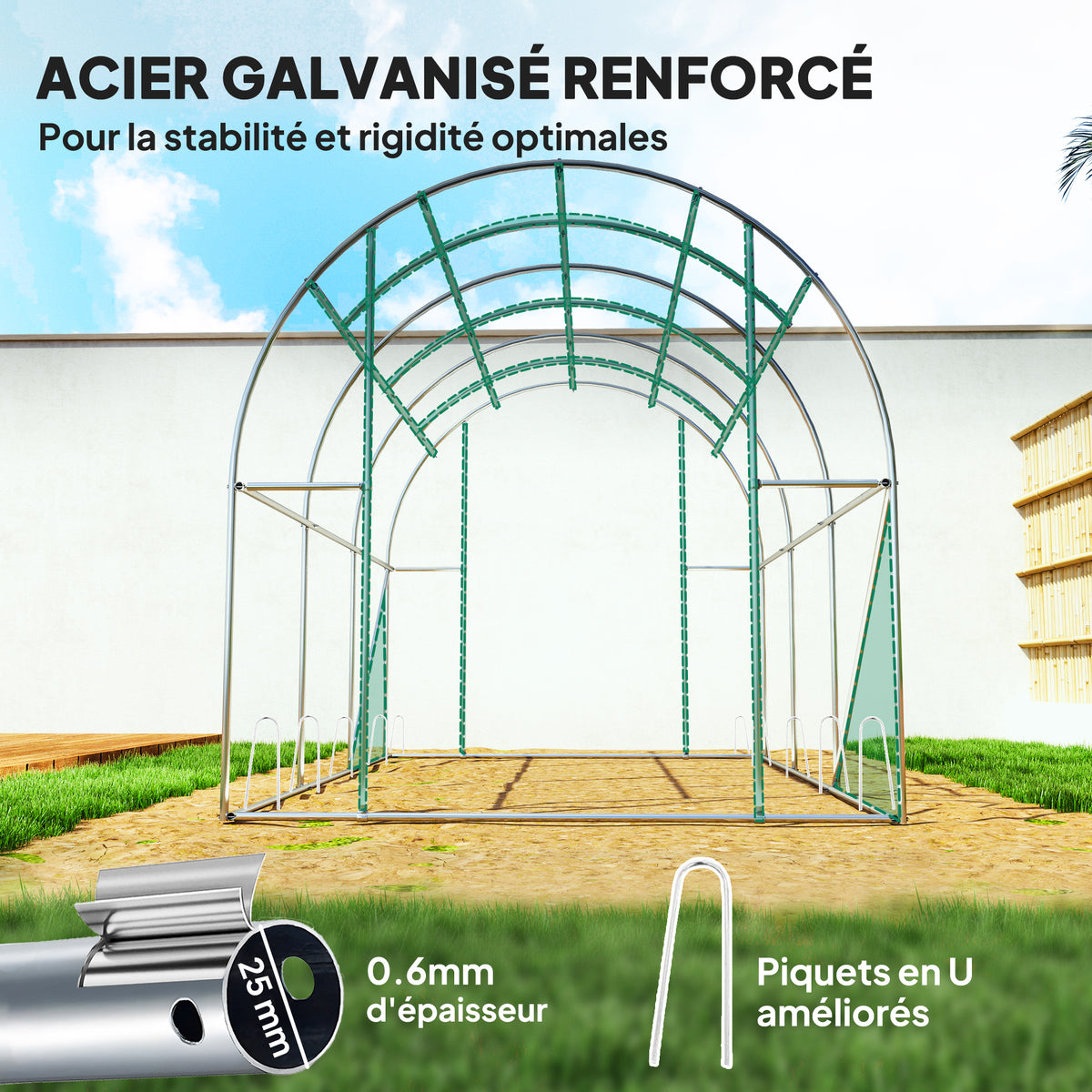 Serre tunnel de jardin 3 x 2 x 2 m avec porte enroulable et grandes fenêtres, en acier galvanisé et PE, vert-4