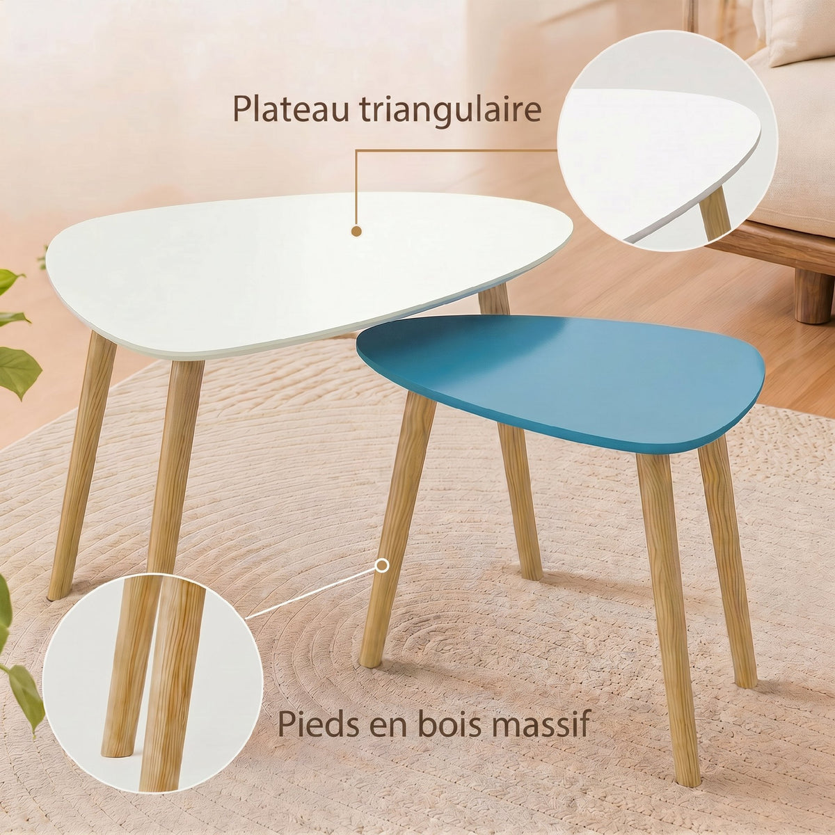 Lot de 2 tables basses gigognes design scandinave pieds en bois et plateau en bois, blanc et bleu-4