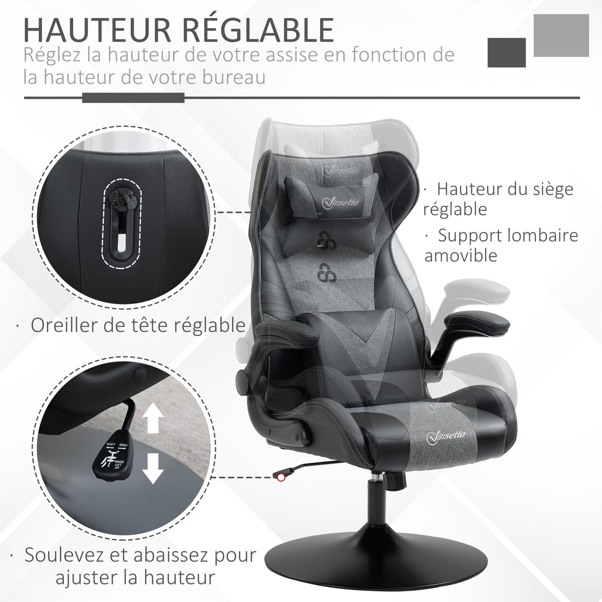 Chaise de gaming ergonomique avec base ronde hauteur réglable accoudoir relevable coussins tétière et lombaires PU gris noir-3