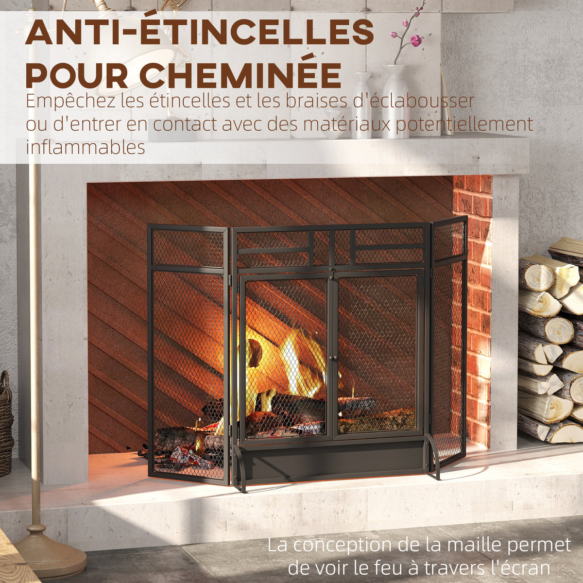 Pare-étincelles grille de protection pour cheminée pare-feu barrière de sécurité 3 volets pliables et porte 120 x 79 cm-3