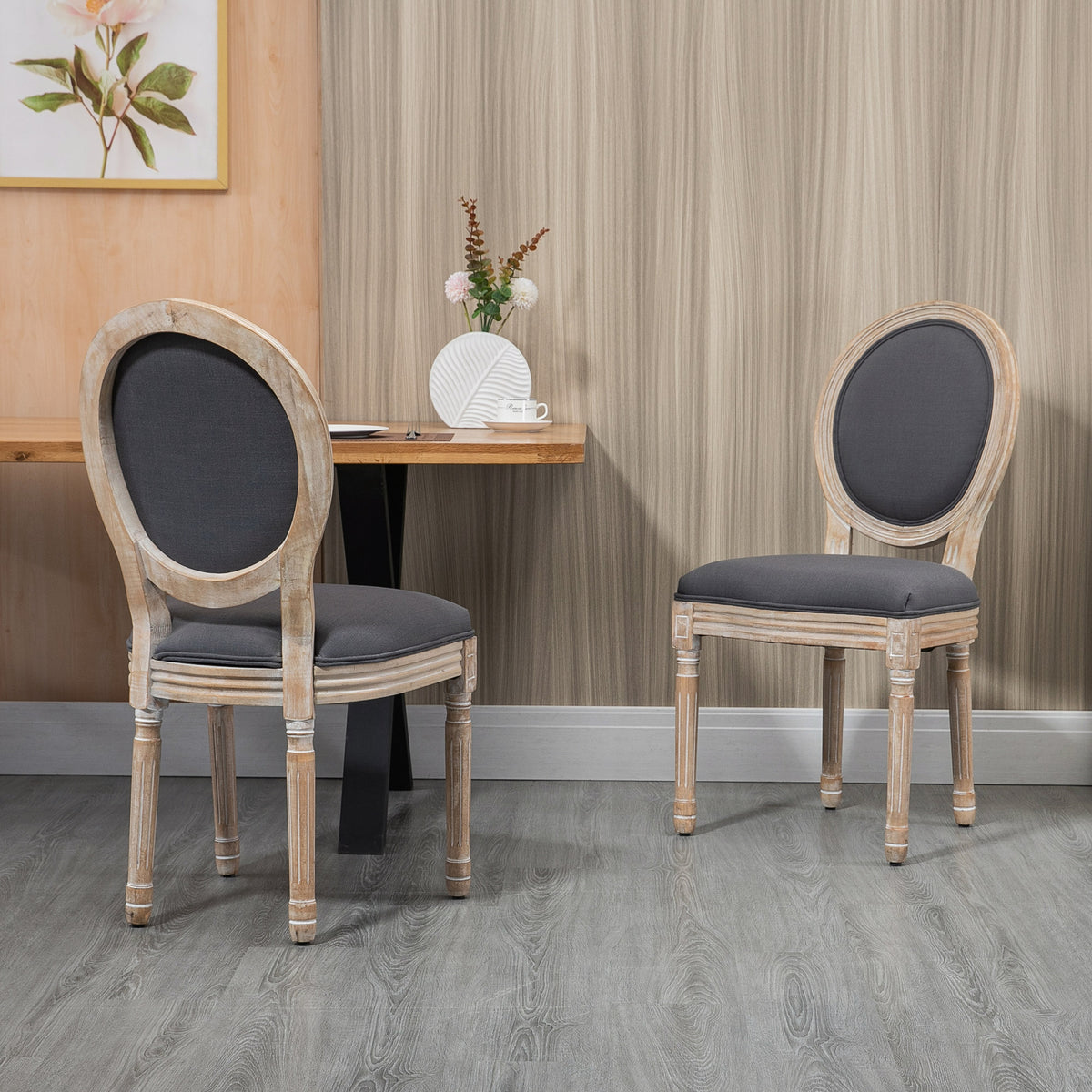 Lot de 2 Chaises de Salle à Manger, Chaises Médaillon Style Louis XVI, Assise et Dossier Rembourrés en Effet Lin, Gris-1