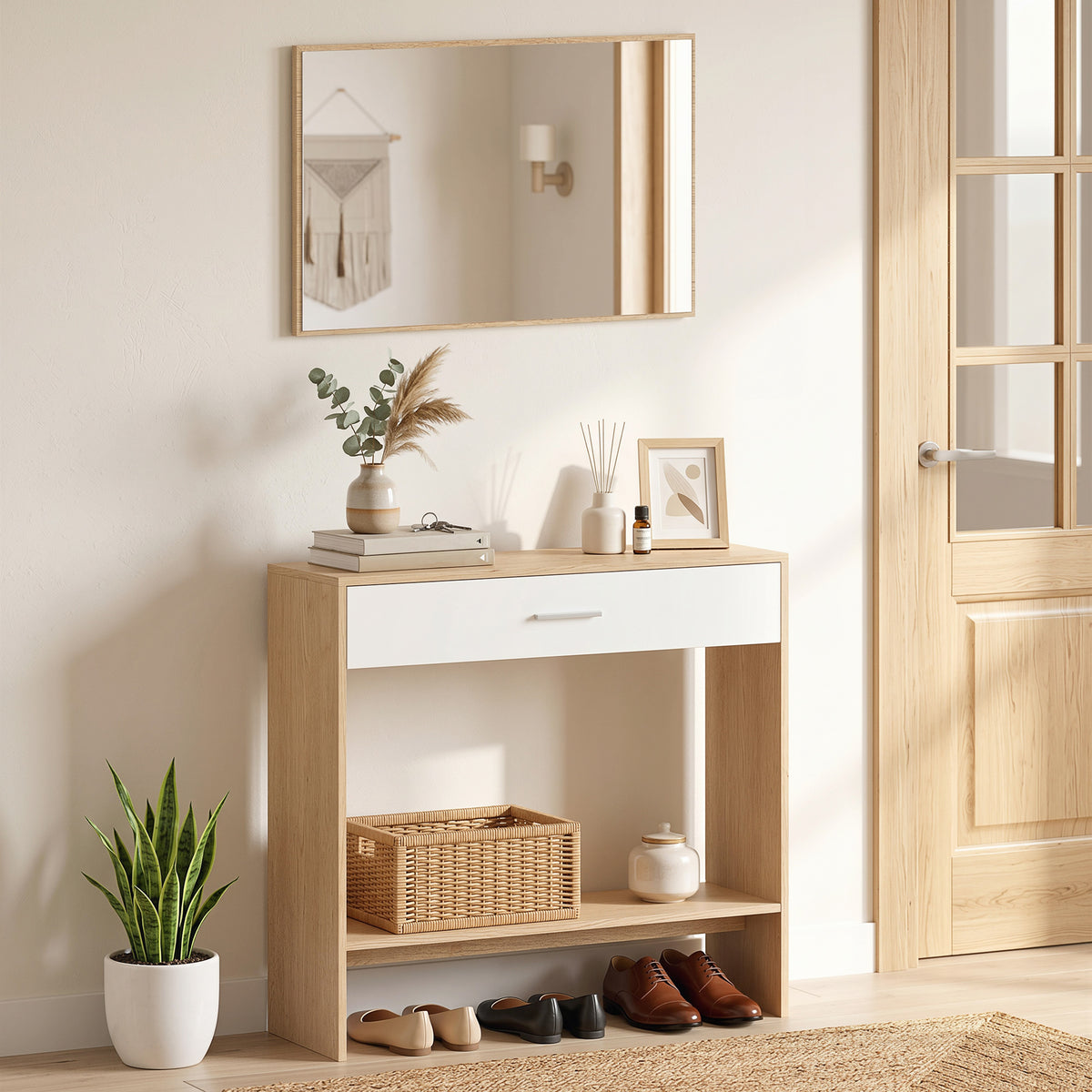 Console meuble + miroir, table console étroite avec tiroir et étagère, style moderne, 91,5 x 27,9 x 85,5 cm, chêne-9