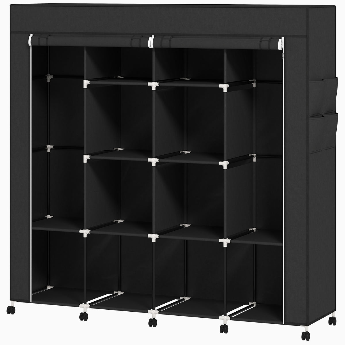 Armoire penderie en tissu, meuble de rangement mobile 10 roulettes avec 10 compartiments, barres de suspension, noir-0