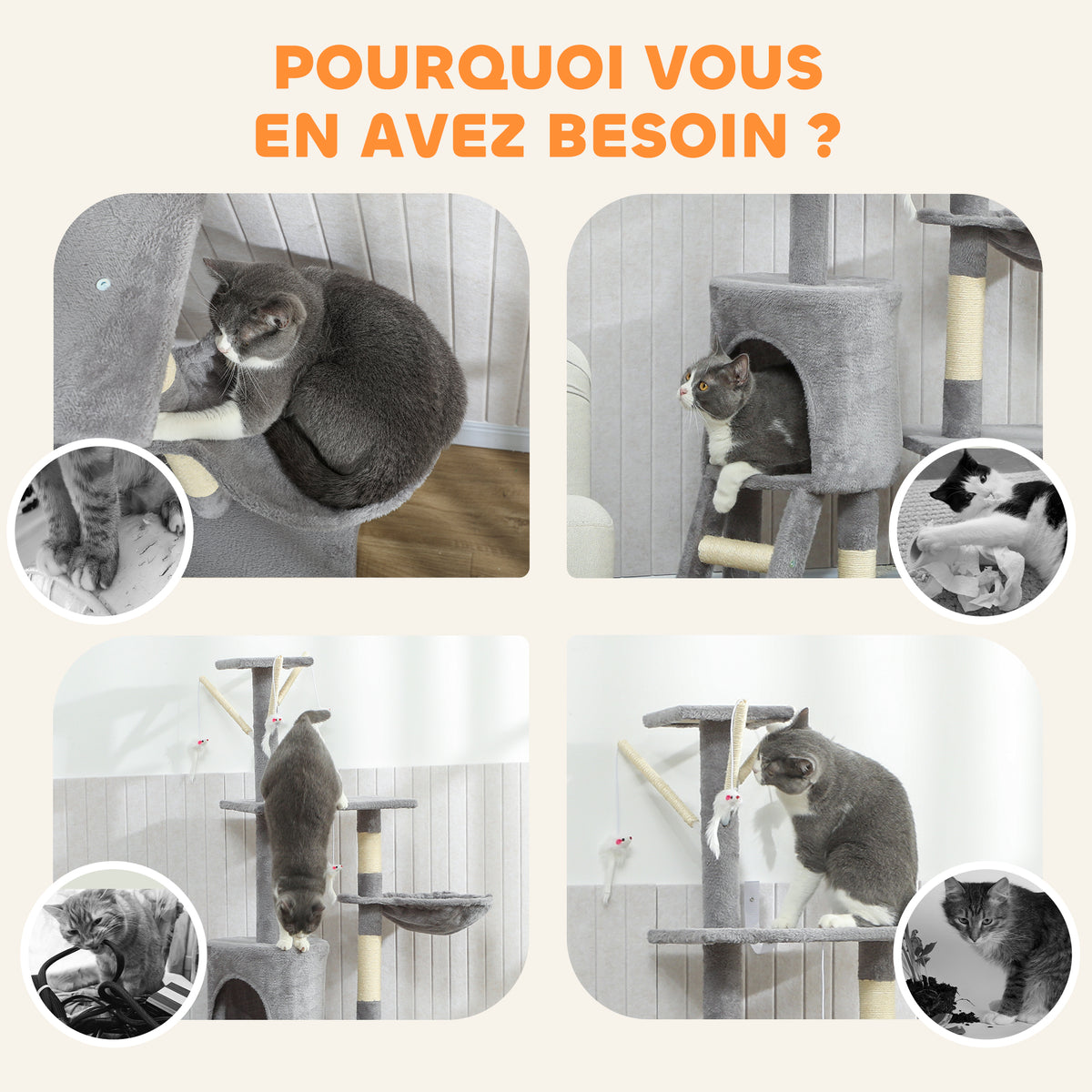 Arbre à Chat Tour de Jeux pour Chats Stable Multi-Niveaux avec Niche 3 Plate-Formes Hamac 60x35x134cm Gris-7