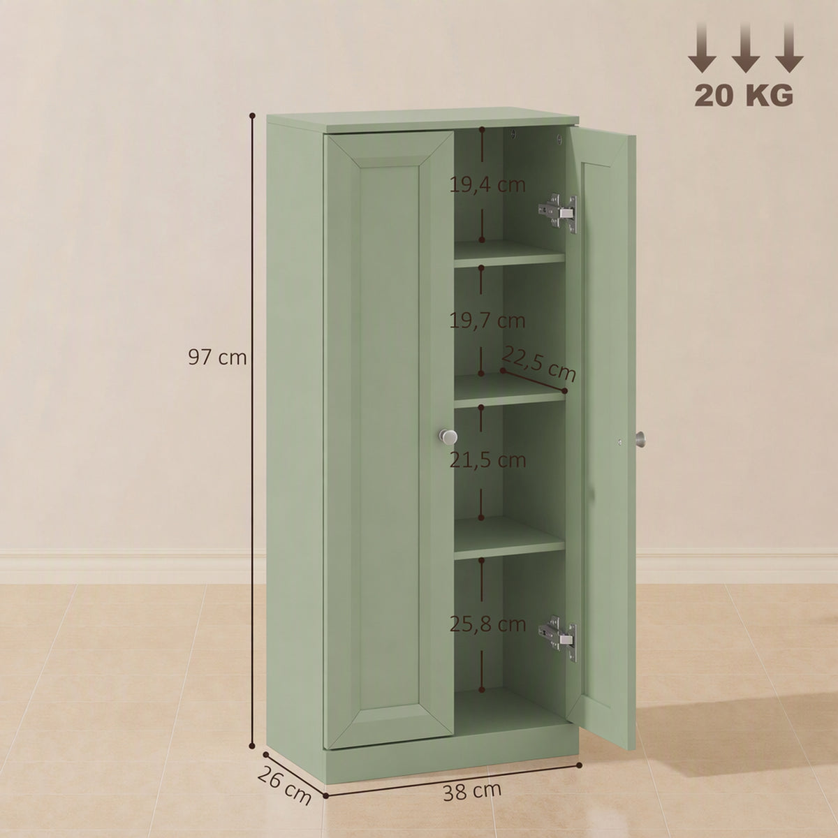 Meuble de Salle de Bain Étroit, Meuble de Rangement Sur Pied avec 2 Portes et 3 Étagères, pour Salon, Chambre, Vert-2
