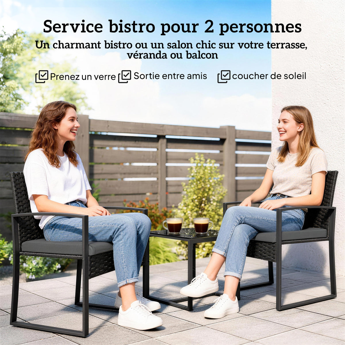 Salon de jardin extérieur en résine tressée 2 personnes, table de jardin avec 2 chaises, plateau en verre trempé, noir-3