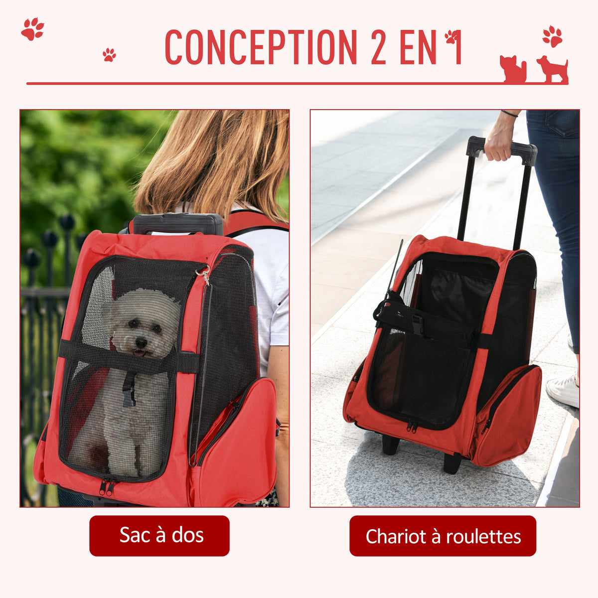 Sac de transport à roulettes pour chien 2 en 1 trolley chariot sac à dos pour chien chat avec poignée téléscopique, sacs de rangement, aérations, attache de sécurité, 42 x 25 x 55 cm, rouge-3