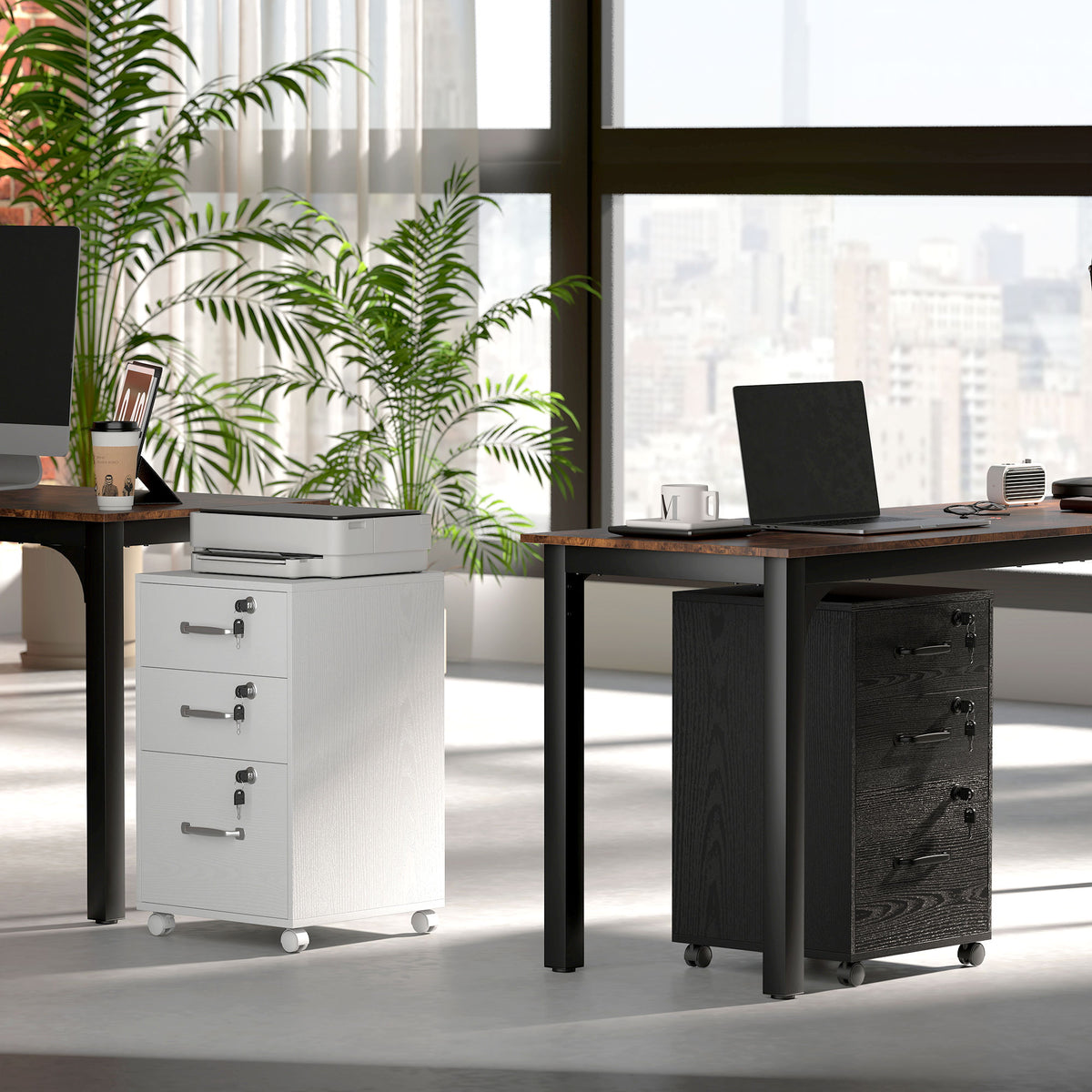 Caisson de Bureau Mobile avec 3 Tiroirs Verrouillables, Caisson de Rangement sur Roulettes, 40 x 40 x 69,5 cm, Blanc-9