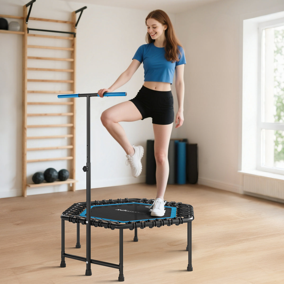 Trampoline de fitness 114 cm, cordes élastiques, poignée réglable 3 positions, trampoline d'exercice silencieux, bleu-8