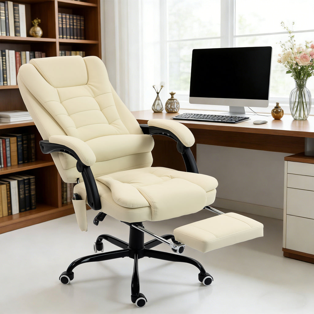 Fauteuil de bureau massant, chaise de bureau avec hauteur réglable, dossier inclinable et télécommande filaire, beige-1