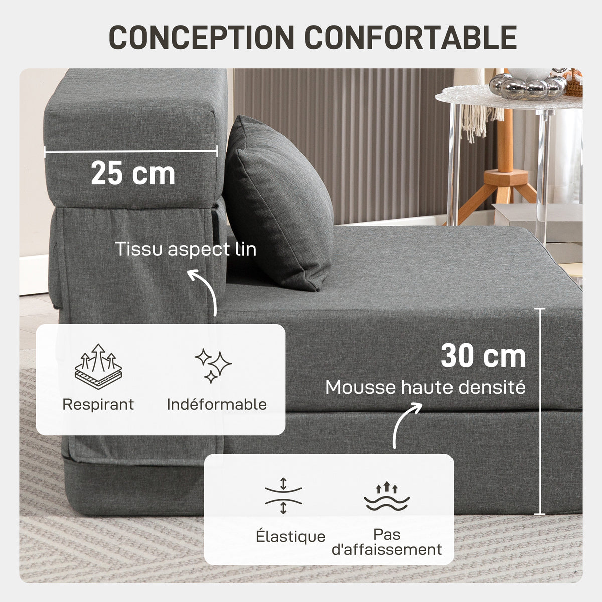 Fauteuil convertible 1 place fauteuil lit pliant, coussin inclus, pour invités, salon, petit espace, charge 120 kg, gris-4