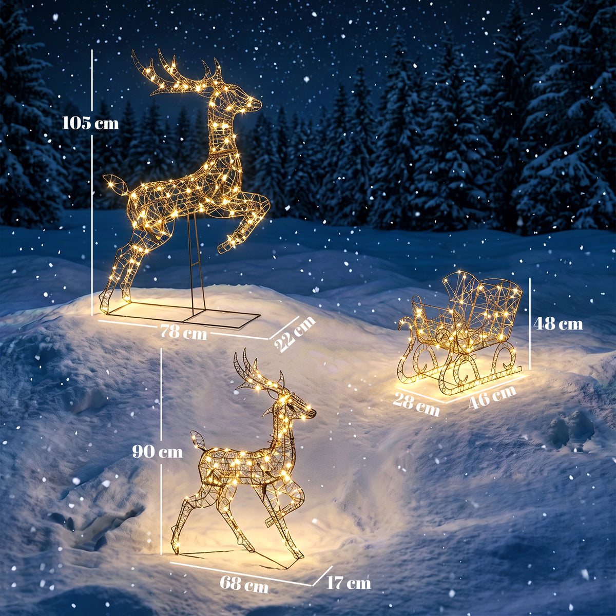 Lot de 2 Rennes de Noël avec Traîneau Lumineux 3 Pièces, 240 LED Blanc Chaud, 8 Modes et Minuterie, 78x22x105cm, Marron-2