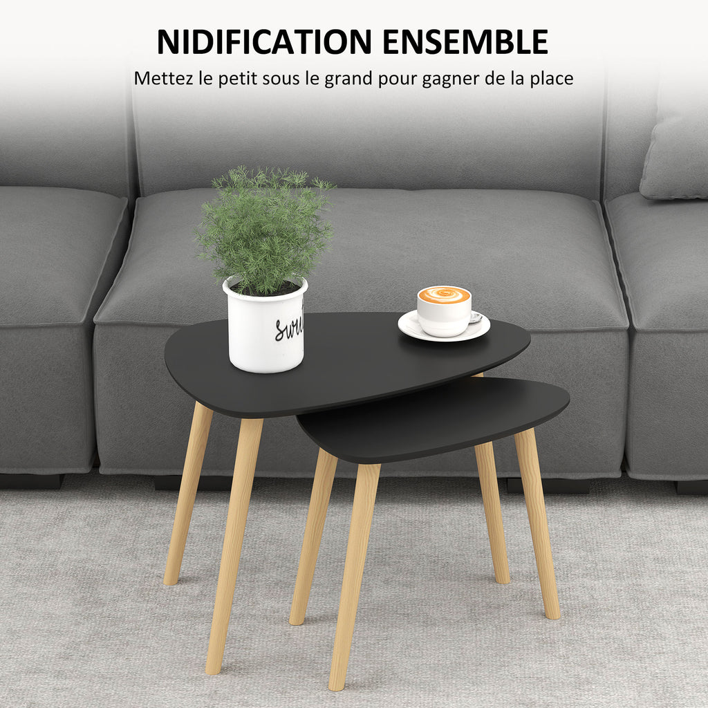 Lot de 2 tables basses gigognes design scandinave pieds en bois et plateau en bois, noir-3