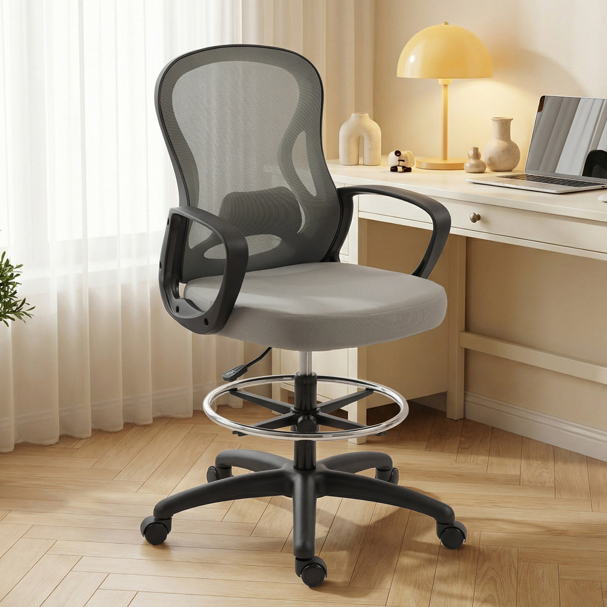 Chaise bureau ergonomique, fauteuil de bureau avec repose-pieds et accoudoirs, en maille, 59 x 65 x 123 cm, Gris-1