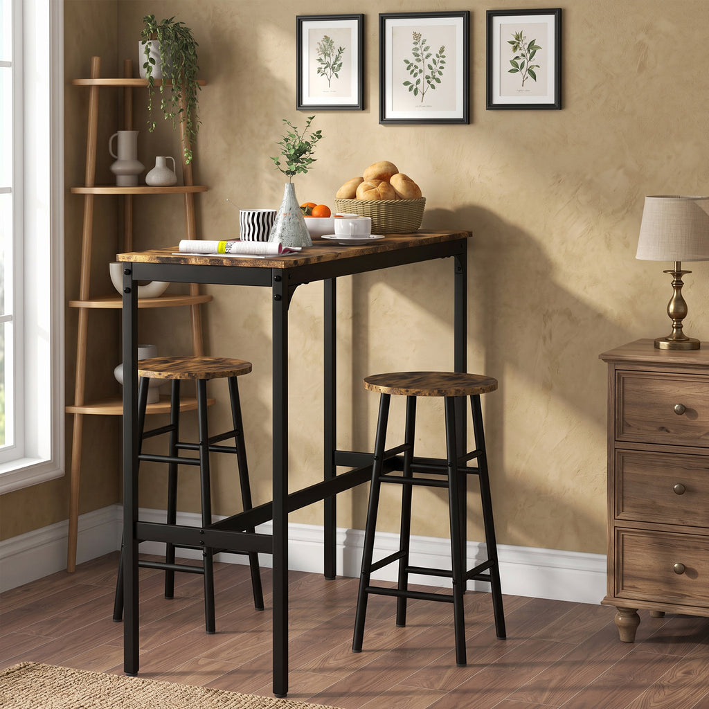 Ensemble table haute de bar + 2 tabourets structure en acier plateau aspect effet bois d'acajou 2 personnes noir-6