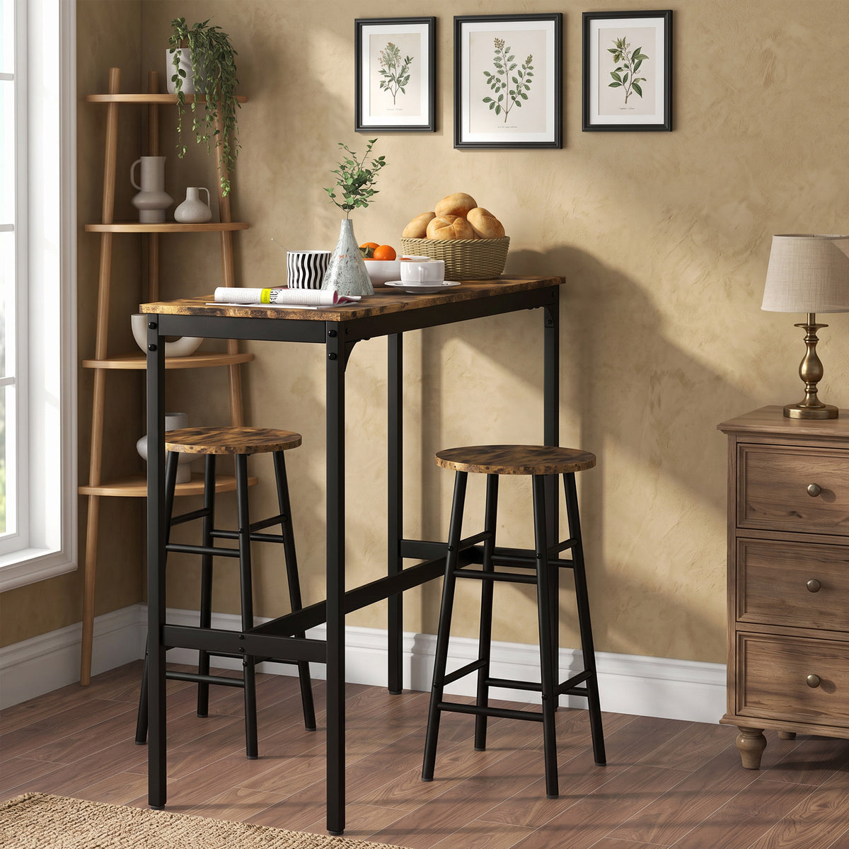 Ensemble table haute de bar + 2 tabourets structure en acier plateau aspect effet bois d'acajou 2 personnes noir-6