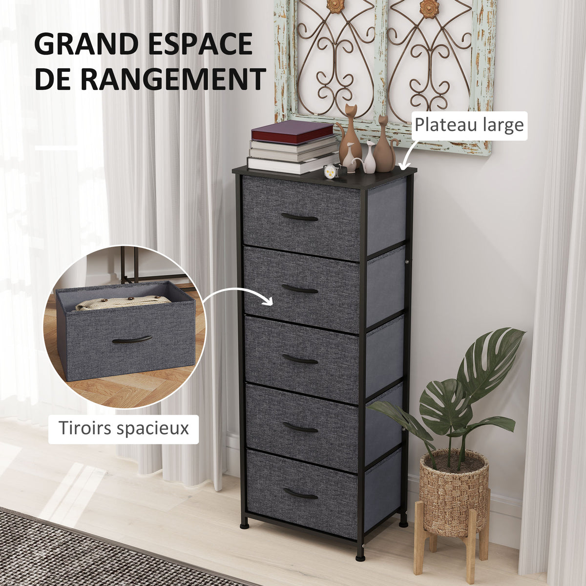 Commode 5 tiroirs meuble de rangement tiroir en tissu pliant - structure acier noir - 45 x 30 x 116 cm gris foncé-3