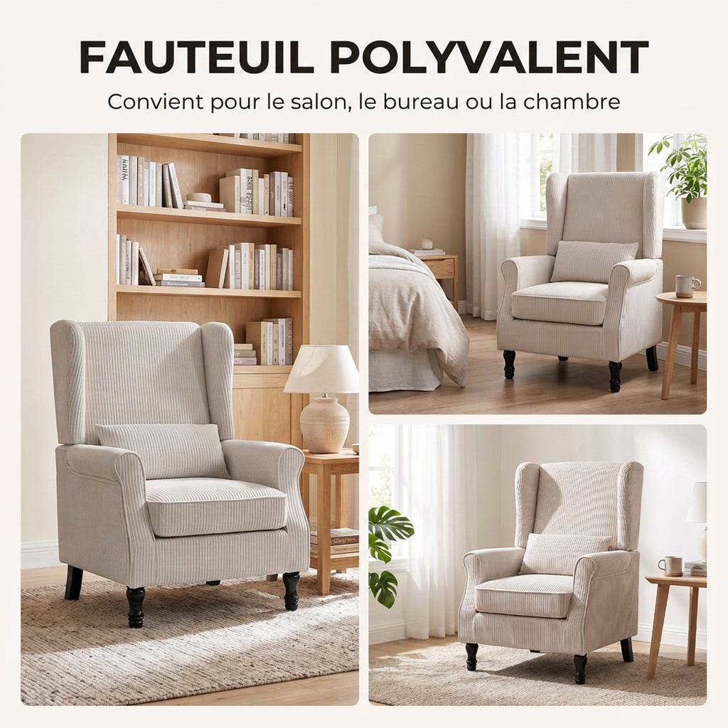 Fauteuil de Salon, Fauteuil d'Appoint Moderne en Velours Côtelé avec Haut Dossier à Oreilles, Coussin Lombaire, Beige-6