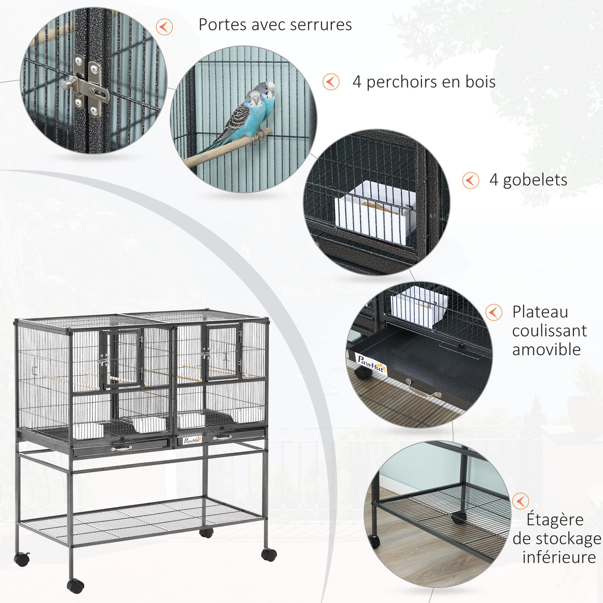 Cage à Oiseaux Volière Oiseaux Intérieur avec Séparation Mangeoire et Perchoir 95L x 45,5l x 102H cm Noir et Gris-3