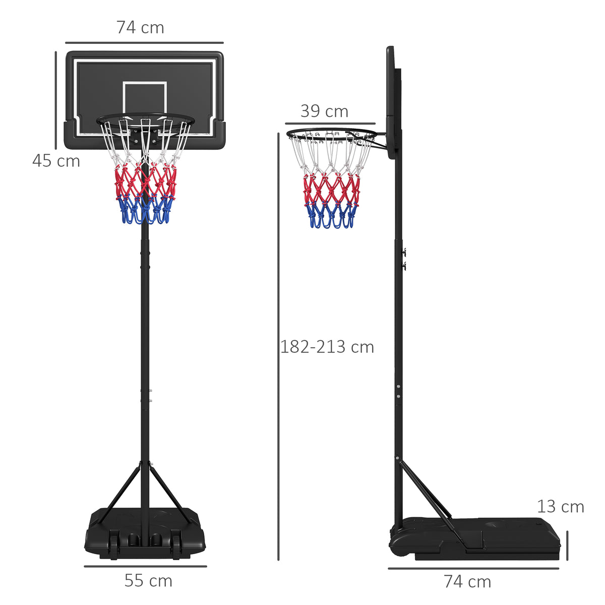 Panier de basket extérieur hauteur ajustables 182-213/220-250 cm panier de basket sur pied à roulettes noir-2